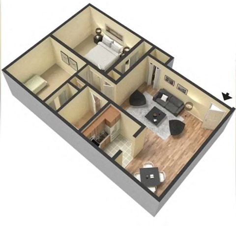 Floor plan for 2 beds, 1 bath, 881 sqft